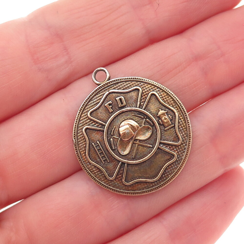 925 Sterling Silver Gold Plated Vintage Fire Department Cross Medal Pendant